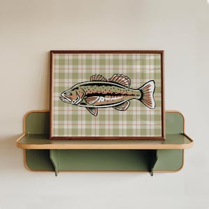 Könnte beinhalten: Gerahmte Fischillustration mit detailliertem Design in Grün, Rosa und Schwarz. Der Fisch ist vor einem karierten Hintergrund in einem Holzrahmen platziert. Das Kunstwerk wird auf einem grünen und beigen Regal präsentiert.