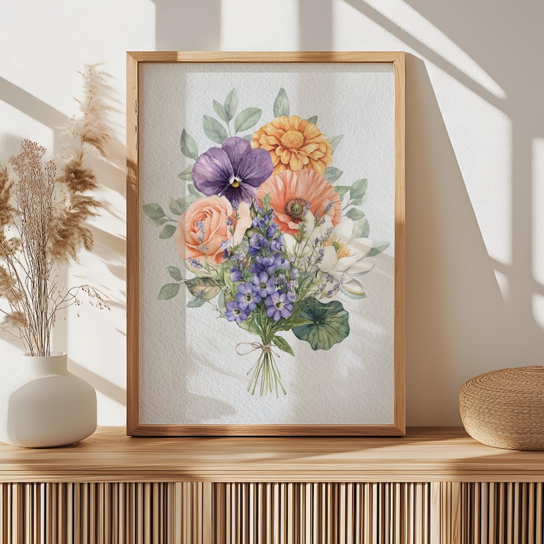 May include: A watercolor painting of a bouquet of flowers in shades of purple, orange, and white. The flowers include pansies, poppies, and zinnias.
