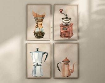 Set of 4 Coffee Pot Prints | Coffee House Decor | Caffeine Lover Gift | Kitchen Wall Art | Digital Download