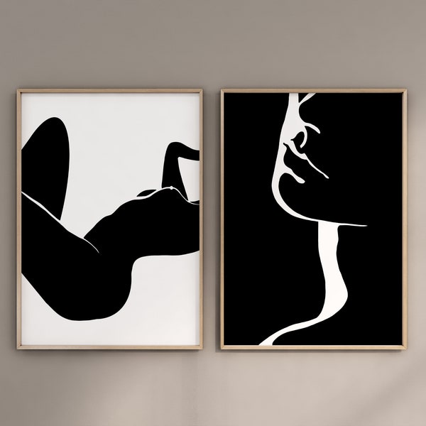 Set of 2 Woman Silhouettes | Black and White Art | Modern Woman Prints | Digital Download | Printable Wall Art