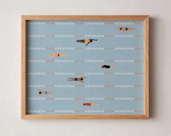 Tiny Swimmers at Pool Print | Horizontal Swimming Pool Print | Cute Summer Poster | Minimalist Wall Art | Beach House Decor Digital Download