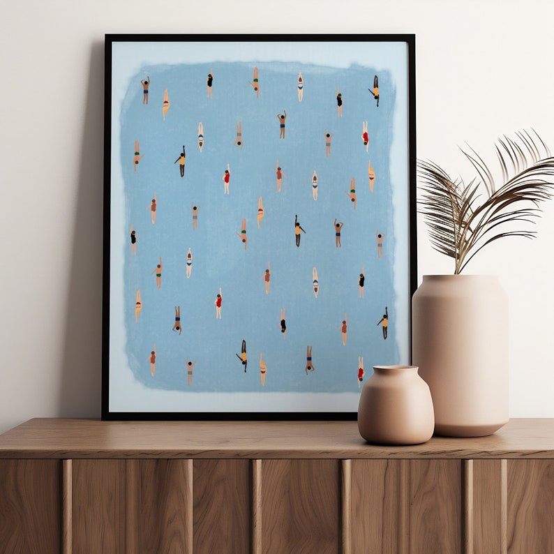 Swimming in Watercolor Art Tiny People Swimming Pool Print Summer Poster Beach House Decor Minimalist Wall Art Physical Art Print image 4