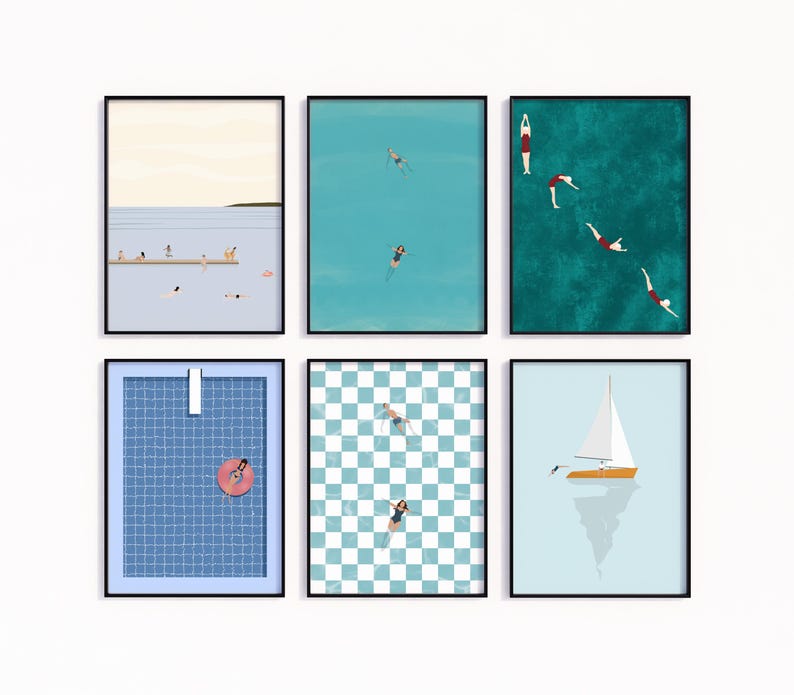 K&ouml;nnte beinhalten: Sechs gerahmte Drucke mit verschiedenen Wasserszenen. Die obere Reihe zeigt eine Strandszene, ein blaues Meer mit Schwimmern und ein t&uuml;rkisfarbenes Meer mit Schwimmern. Die untere Reihe zeigt einen blauen gekachelten Pool, ein Schachbrettmuster und ein Segelboot auf einem blauen Meer.