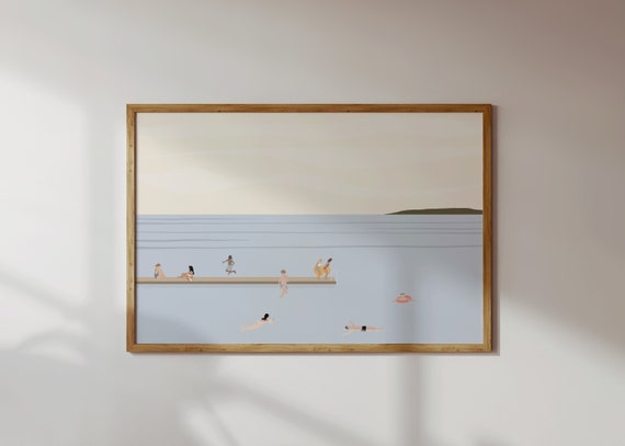 Tiny People Swimming in Lake Art | Summer Lake People Print | Minimalist Beach House Art | Pool House Decor | Digital Download Printable Art