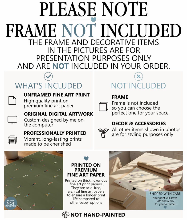 May include: An informational graphic with black and blue text stating PLEASE NOTE FRAME NOT INCLUDED. It lists WHAT'S INCLUDED and NOT INCLUDED, featuring icons for a print, computer, and printer. It shows two unframed fine art prints on paper.