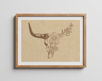 Longhorn Bull Skull Print | Cow Skull with Flowers Poster | Southwestern Art | Desert House Decor | Digitial Download | Printable Wall Art