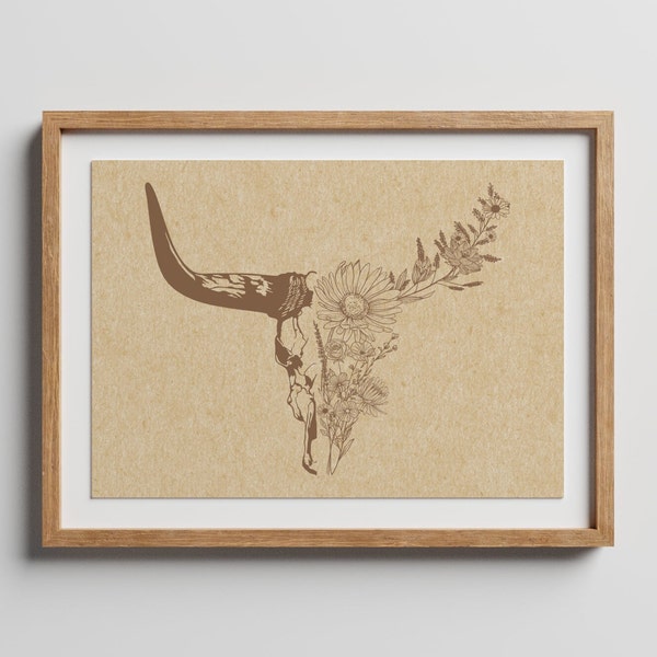 Longhorn Bull Skull Print | Cow Skull with Flowers Poster | Southwestern Art | Desert House Decor | Digitial Download | Printable Wall Art