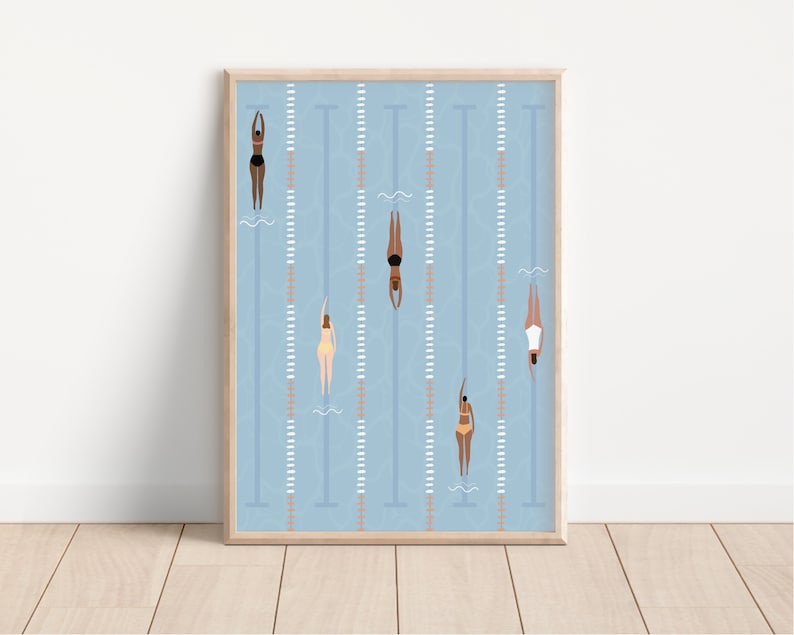 May include: A digital illustration of a swimming pool with six swimmers in different lanes. The swimmers are all wearing swimsuits and are in various positions, some are diving in, some are swimming, and some are floating. The pool is blue and has white lines marking the lanes.