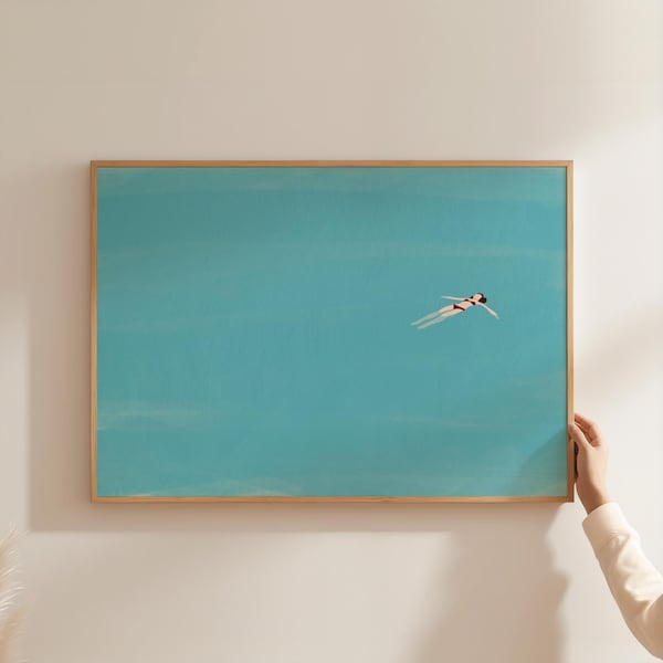 Fille flottant dans la piscine | Art mural piscine horizontale | Impression de piscine d'été Art minimaliste de maison de plage Option d'impression d'art physique sans cadre