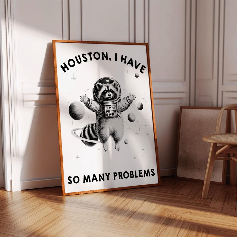 May include: A rectangular wall art print in a wooden frame featuring a black and white illustration of a raccoon wearing an astronaut helmet and suit floating in space among planets and stars with the text HOUSTON, I HAVE SO MANY PROBLEMS.