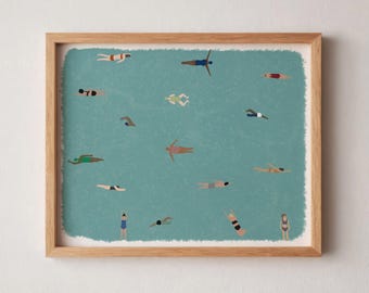 Tiny People Swimming in Pool Art | Gift for Swimmer | Minimalist Pool Poster | Horizontal Office Decor | Digital Download Printable Wall Art