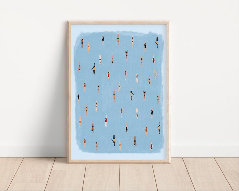 Swimming in Watercolor Art Tiny People Swimming Pool Print Summer Poster Beach House Decor Minimalist Wall Art Physical Art Print image 1