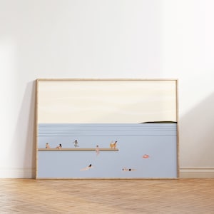 May include: A framed illustration of a light blue ocean with a wooden dock. There are people on the dock and in the water. The sky is a light yellow color.