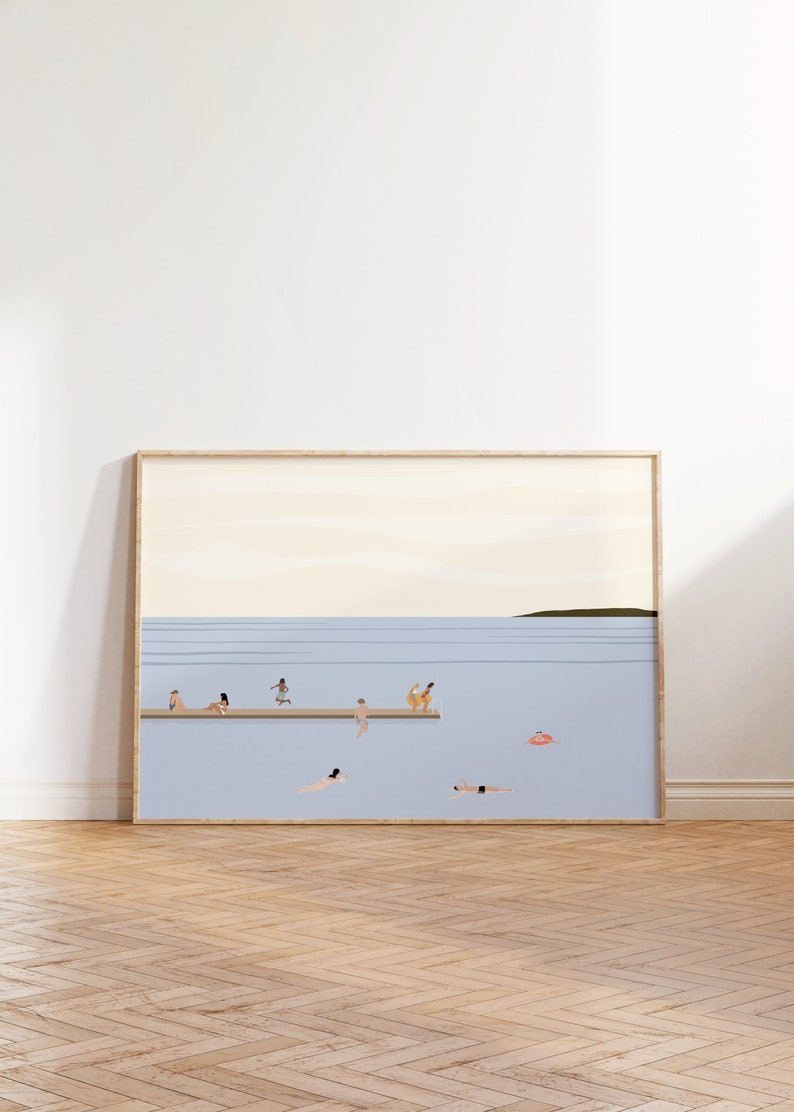 May include: A framed illustration of a light blue ocean with a wooden dock. There are people on the dock and in the water. The sky is a light yellow color.