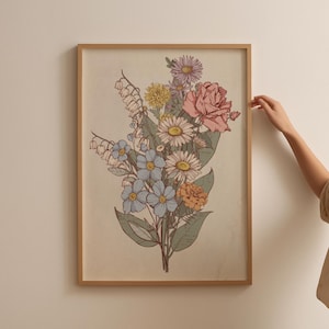 Antique Flower Bouquet | Vintage Floral Bunch Art | Botanical Wall Poster | Retro Flower Design Decor Digital Download | Printable Wall Art
