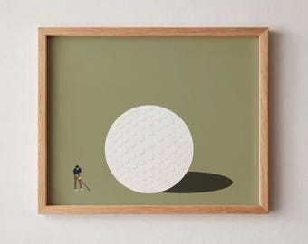 Tiny Golfer Giant Golf Ball Print | Minimalist People Art | Gift for Golfer Dad Quirky Office Decor | Digital Download | Printable Wall Art