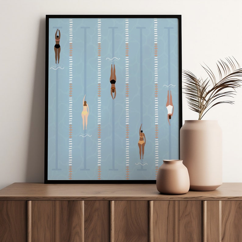 May include: A minimalist illustration of swimmers diving into a pool. The swimmers are all different colors and shapes, and the pool is a light blue color. The illustration is framed in black.