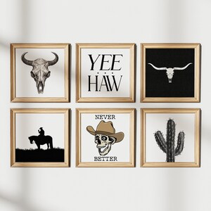 May include: Six framed prints with a Western theme. The prints feature a bull skull, a cactus, a cowboy riding a horse, a skull wearing a cowboy hat, and the words "Yee Haw" and "Never Better".