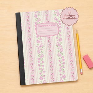May include: A composition book with a black spine and a cover featuring vertical pink stripes and floral vines. A label on the cover reads COMPOSITION BOOK with lines for writing. A yellow pencil and a pink eraser are placed next to the book.