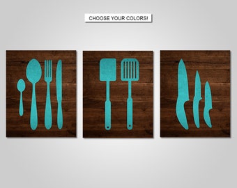 Frame Wooden Canvas Word Fork Spoon Kitchen Wall Art kitchen wall art decor kitchen utensils dining room wall art wood grain effect teal kitchen print kitchen canvas kitchen printable