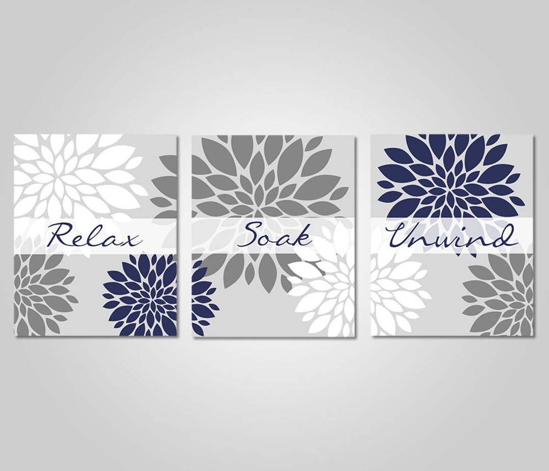 Bathroom Wall Art Navy Grey Bathroom Decor Relax Soak Unwind Navy Grey Prints INSTANT DOWNLOAD
