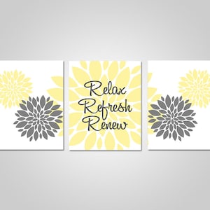 Arte de pared de baño - Arte de pared de baño gris amarillo - Baño gris amarillo - Relax Refresh Renew - DESCARGA INSTANTE - Arte de pared imprimible DIY
