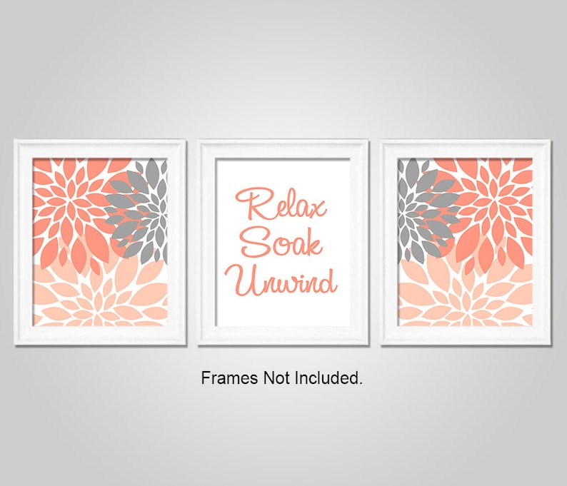 Bathroom Wall Art Coral Peach Grey Bathroom Decor Relax Etsy