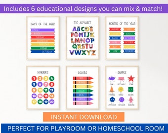 Kids Wall Art Children's Wall Art Nursery Set of 6 Prints Educational Wall Art Alphabet Numbers Colors Shapes Classroom Homeschool Prints