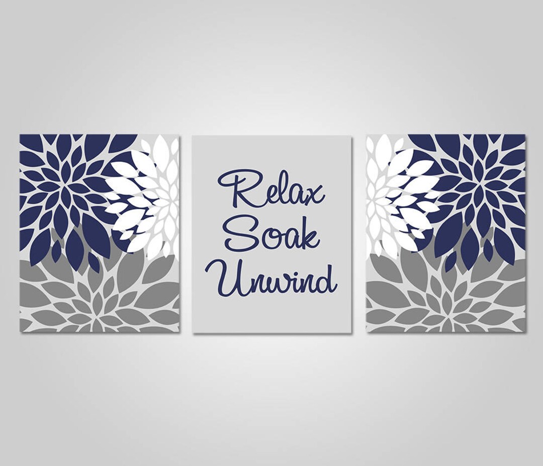 Bathroom Wall Art Navy Grey Bathroom Decor Relax Soak Unwind Navy