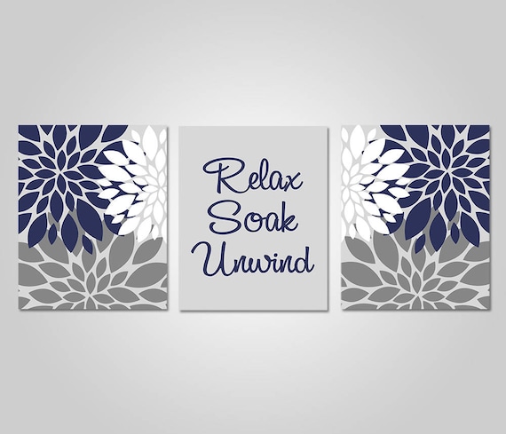 Bathroom Wall Art Navy Grey Bathroom Decor Relax Soak Etsy