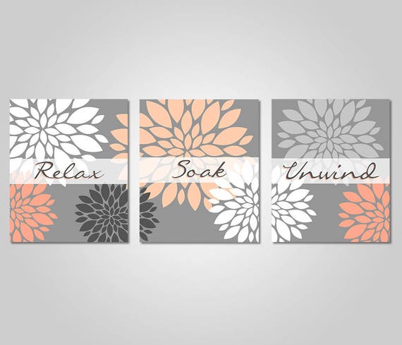 Bathroom Wall Art Coral Peach Grey Bathroom Decor Relax Etsy