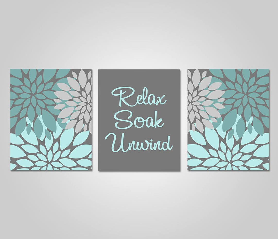 Bathroom Wall Art Teal Aqua Grey Bathroom Decor Relax Soak Etsy Canada