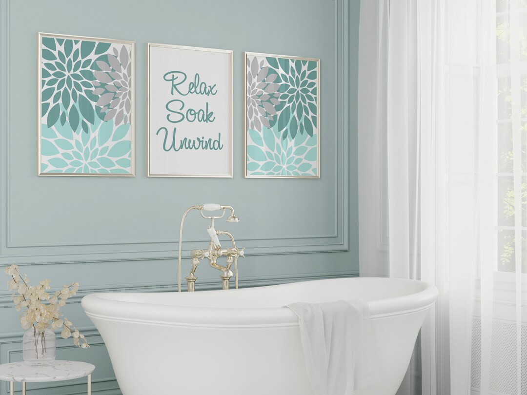 Bathroom Wall Art Teal Aqua Grey Bathroom Decor Relax Soak - Etsy
