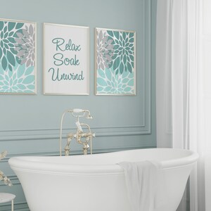 Bathroom Wall Art Teal Aqua Grey Bathroom Decor Relax Soak - Etsy