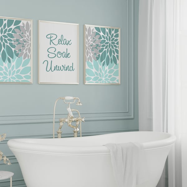 Bathroom Wall Art - Teal Aqua Grey Bathroom Decor - Relax Soak Unwind - Teal Grey Prints - INSTANT DOWNLOAD - DIY Printable Wall Art