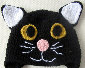 Crochet Black Cat Hat, toddler gift, cat lover gift, kids hats, baby shower gift, newborn gift, baby photo prop, animal hat, crochet animals