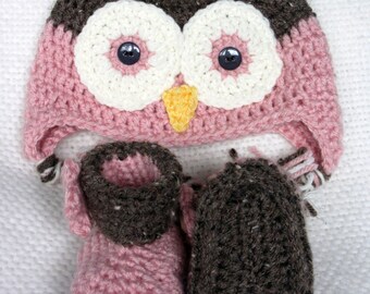 Crochet Baby Owl Hat and Booties Set, Newborn Photo Prop