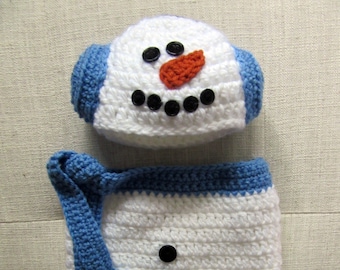 Crochet Snowman Ear Muff Hat & Cocoon, snowman hat, baby Christmas hat, baby hats, newborn hat, baby gift, winter hat, snowman set, baby set