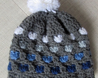 Crochet winter hat, toddler gift, crochet hats for kids, boy toddler, girl toddler, blue hat, hat with pom pom, toddler hat, gray hat