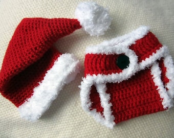 Crochet Santa Hat and Diaper Cover, baby santa outfit, baby santa hat, baby's first Christmas outfit, baby Christmas hat, Christmas in July