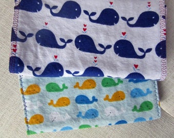 Set of Two Baby Burp Cloths, whale baby shower, whale nursery, burp cloths boy, boy burp cloths, baby gifts for boys, burp rags, ocean baby