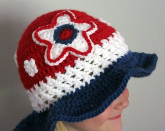 Crochet Summer Hat, 4th July, red white blue hat kids, kids sun hat, summer baby hats, baby sun hat, 4th of July baby, red white blue baby