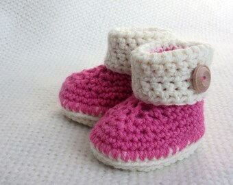 Handmade Pink and White Crochet Cuffed Baby Booties, Baby Shower Gift