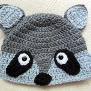 May include: A gray and blue crocheted raccoon hat with black eyes and a black nose.