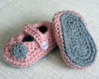 Crochet Baby Mary Janes, Pink and Gray Booties, Newborn Gift