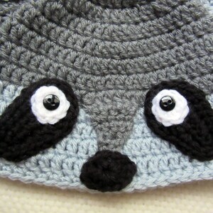May include: A gray and blue crocheted hat with black crocheted raccoon features, including eyes, nose, and ears.