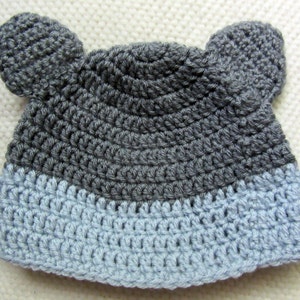 May include: A gray and light blue crocheted hat with two ear flaps. The hat is made with a simple stitch pattern.