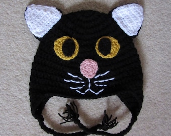 Crochet Black Cat Hat, Handmade Animal Beanie, Teen/Adult