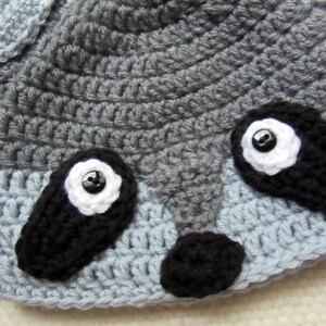 May include: A gray and blue crocheted raccoon hat with black felt eyes and a black felt nose.