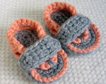 Crochet Baby Sandals, Peach & Gray, Baby Shower Gift